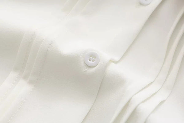 "White Truffle" Button-Up Peter Pan Collar Chiffon Blouse with Satin Bow