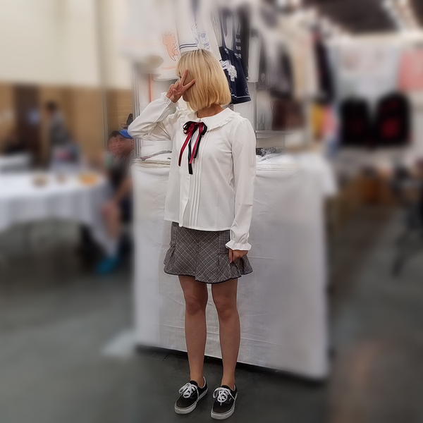 "White Truffle" Button-Up Peter Pan Collar Chiffon Blouse with Satin Bow