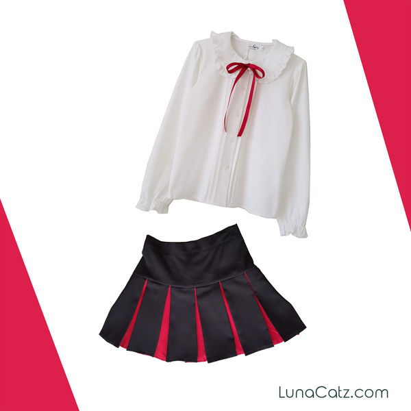 "White Truffle" Button-Up Peter Pan Collar Chiffon Blouse with Satin Bow