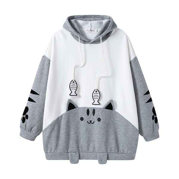 Cat and Fish Gray Hoodie with Cat Ears and Tail – LunaCatz