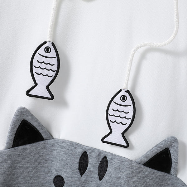 Cat and Fish Gray Hoodie with Cat Ears and Tail