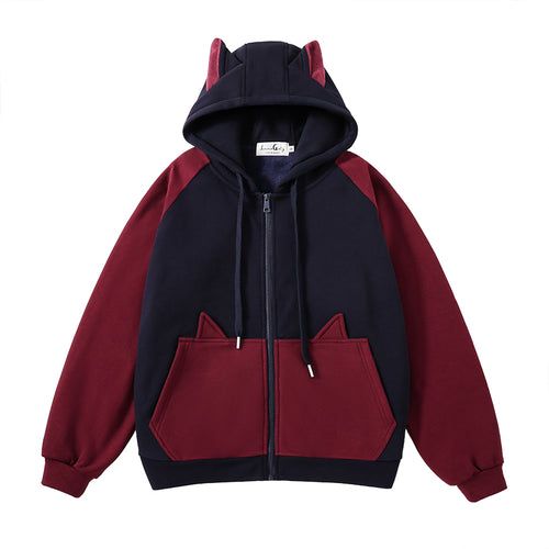 "Midnight Cherries" Zip Up Lined Hoodie with 3D Cat Ears