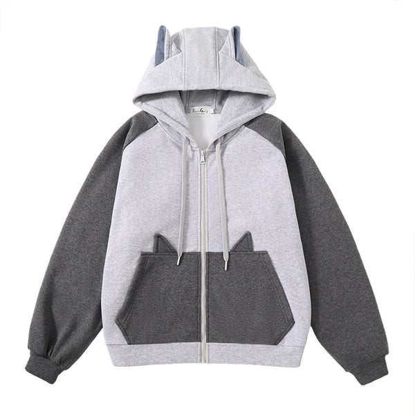 "Tail of Two Grays" Zip Up Lined Hoodie with 3D Cat Ears