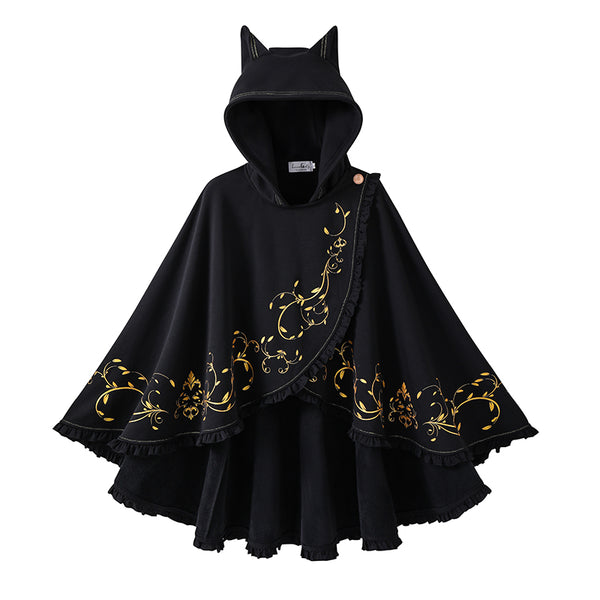Gothic Crescent Cat Ear Cape with Gold Baroque Filigree