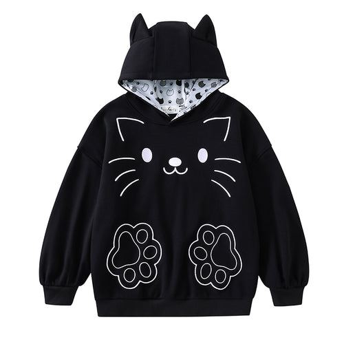 "Curltail and Whiskers" Black Cat Ear Hoodie with Paw Pockets