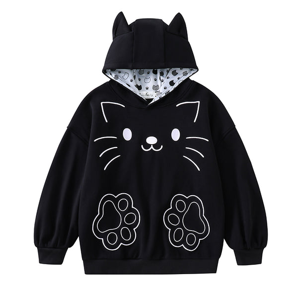 "Curltail and Whiskers" Black Cat Ear Hoodie with Paw Pockets
