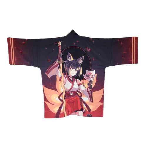 A black and red kimono-style jacket featuring a large anime character print of a fox-eared girl holding a sword, displayed flat against a white background.