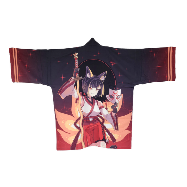 A black and red kimono-style jacket featuring a large anime character print of a fox-eared girl holding a sword, displayed flat against a white background.