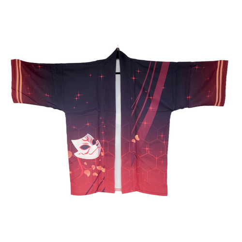 A kimono-style jacket with a dark navy-to-pink gradient, featuring a white and red mask graphic on the lower left side, red star accents, shown against a plain white background.