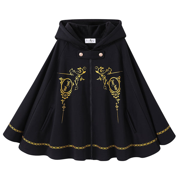 Gothic Black Cape with Gold Floral Prints and Hood