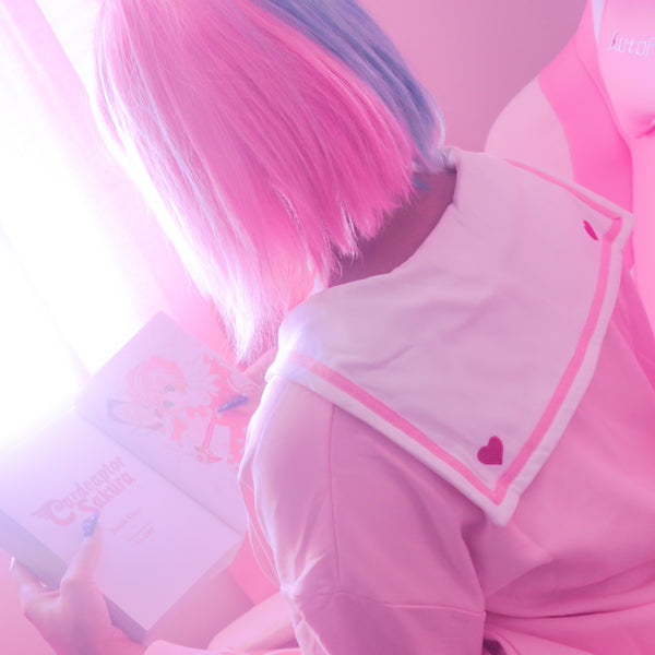"Doki Doki" Heart Sailor Collar Sweatshirt - Pink