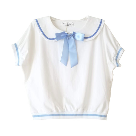 "White Truffle" Button-Up Peter Pan Collar Chiffon Blouse with Satin Bow