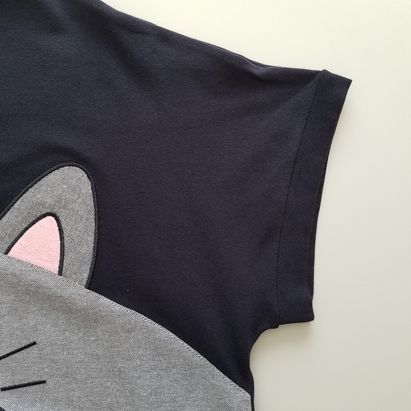 Cat and Fish Navy Gray Long Tee Shirt (Short Sleeve Top)