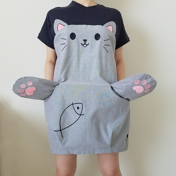 Cat and Fish Navy Gray Long Tee Shirt (Short Sleeve Top)