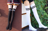 Extra Long Double Striped Thigh High Socks in Black