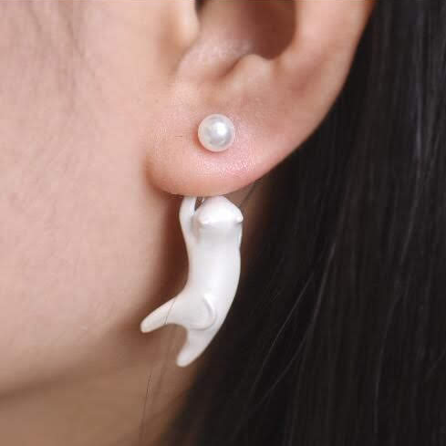 "Hanging Catz" Earrings - (Pearl White || Solid White) with Sterling Silver Studs