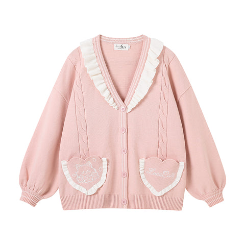 Flower Dream Ruffled Collar Cardigan in Pink