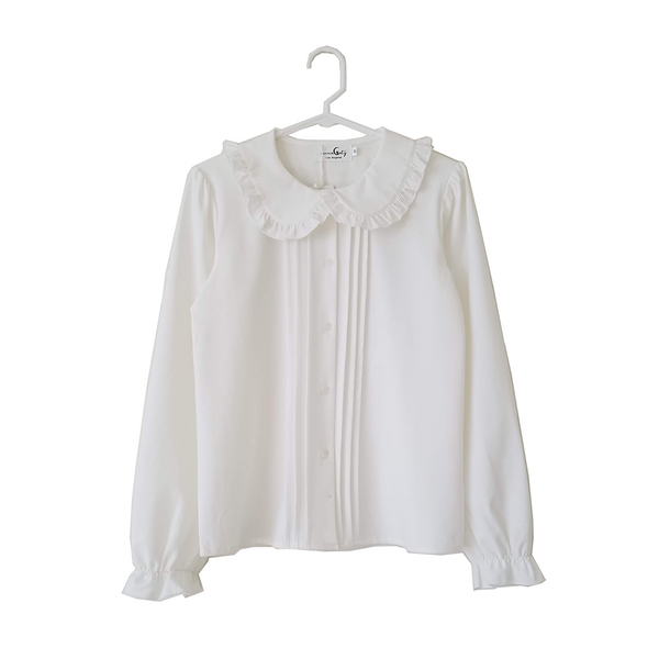 "White Truffle" Button-Up Peter Pan Collar Chiffon Blouse with Satin Bow